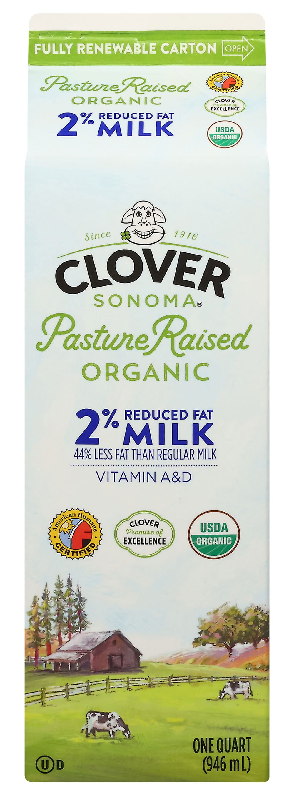 Clover Sonoma Pasture Raised Organic 2% Reduced Fat Milk (946 ml)