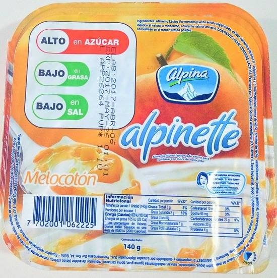 Yogurt Alpinette Alpina Sabor Melocotón 140 Gr.