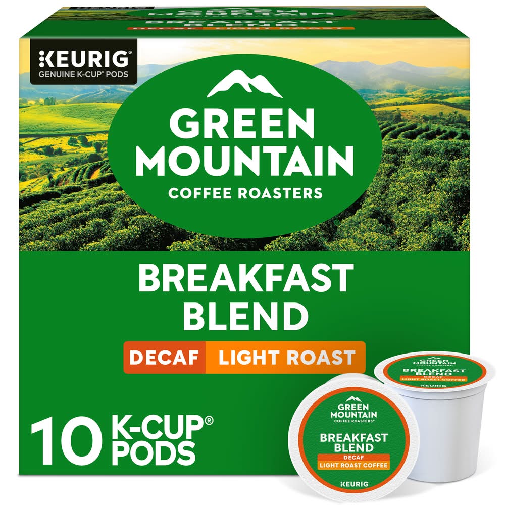 Keurig Green Mountain Coffee Roasters Breakfast Blend Decaf Coffee, Light Roast (3.1 oz, 10 ct)