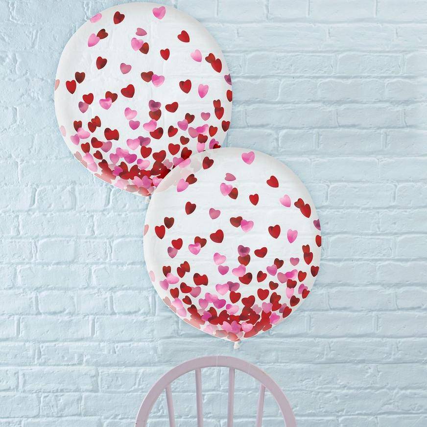 Uninflated 2ct, 24in, Metallic Pink Red Heart Latex Confetti Balloons