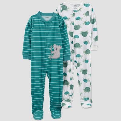 Carter's Just One You® Toddler Boys' 2pk Turtles and Koalas Footed Pajama - White/Green 5T: Long Sleeve, Nonslip Grippers