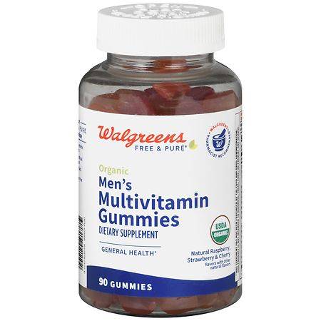Walgreens Free & Pure Organic Men's Multivitamin Gummies Natural Raspberry Strawberry & Cherry (90 ct)