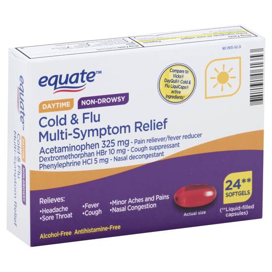 Equate Daytime Non-Drowsy Cold & Flu Multi-Symptom Relief Softgels, 48 count..+