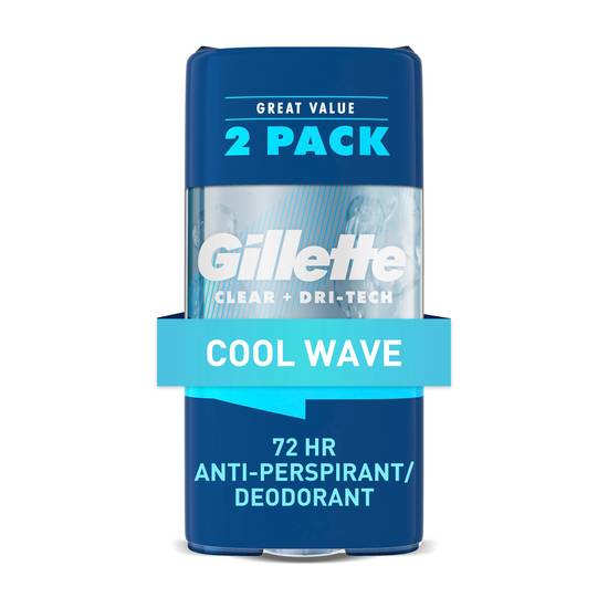 Gillette Clear Dri-Tech 72-Hour Clear Gel  Antiperspirant & Deodorant Stick, Cool Wave, 2.8 OZ, 2 Pack