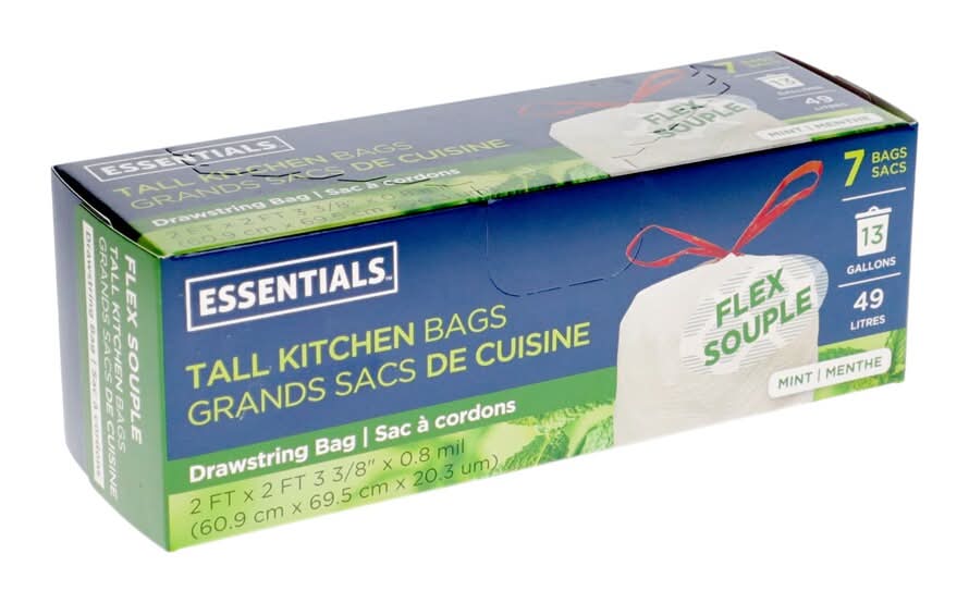 Essentials Flex Drawstring Tall Kitchen Trash Bags 13 Gal, Mint, 60.9x69.5 cm x 20.3 um (7 ct)