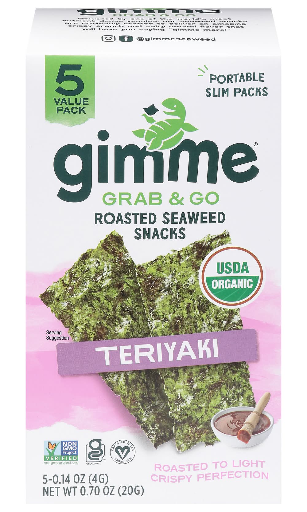 Gimme Grab & Go Organic Roasted Seaweed Snacks Value pack, Teriyaki (5 x 0.14 oz)