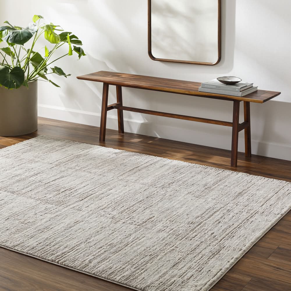 allen + roth Linear Lassen 5 x 8 (ft) Loomed Polyester Tan Rectangular Indoor Abstract Industrial Machine Washable Pet Friendly Area rug