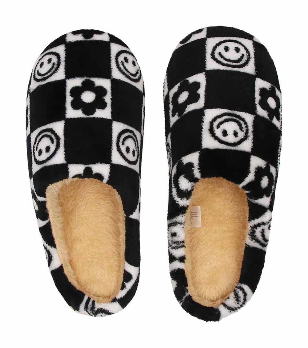 Checkerboard Print Slippers, L, Black-White