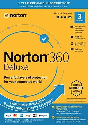 Norton 360 Deluxe for 3 Devices, Windows/Mac/Android/iOS, Auto Renew (21389608)