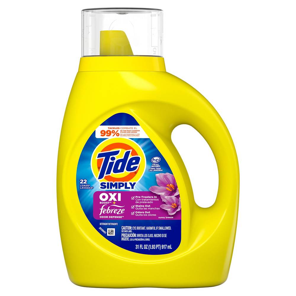 Tide Simply Oxi + Febreze Liquid Laundry Detergent, Sunny Breeze Scent, 22 Loads, 31 Oz