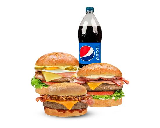 Combo 3 Hamburguesas ( Alemana, Meat Lover, Bacon BBQ )+ Pepsi 2 Litros