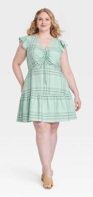 Universal Thread Flutter Short Sleeve Mini Skater Dress, Women, XXL , Green Plaid