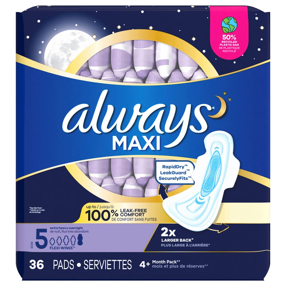 Always Maxi Max Protection Extra Heavy Overnight Pads, 5 (36 ct)
