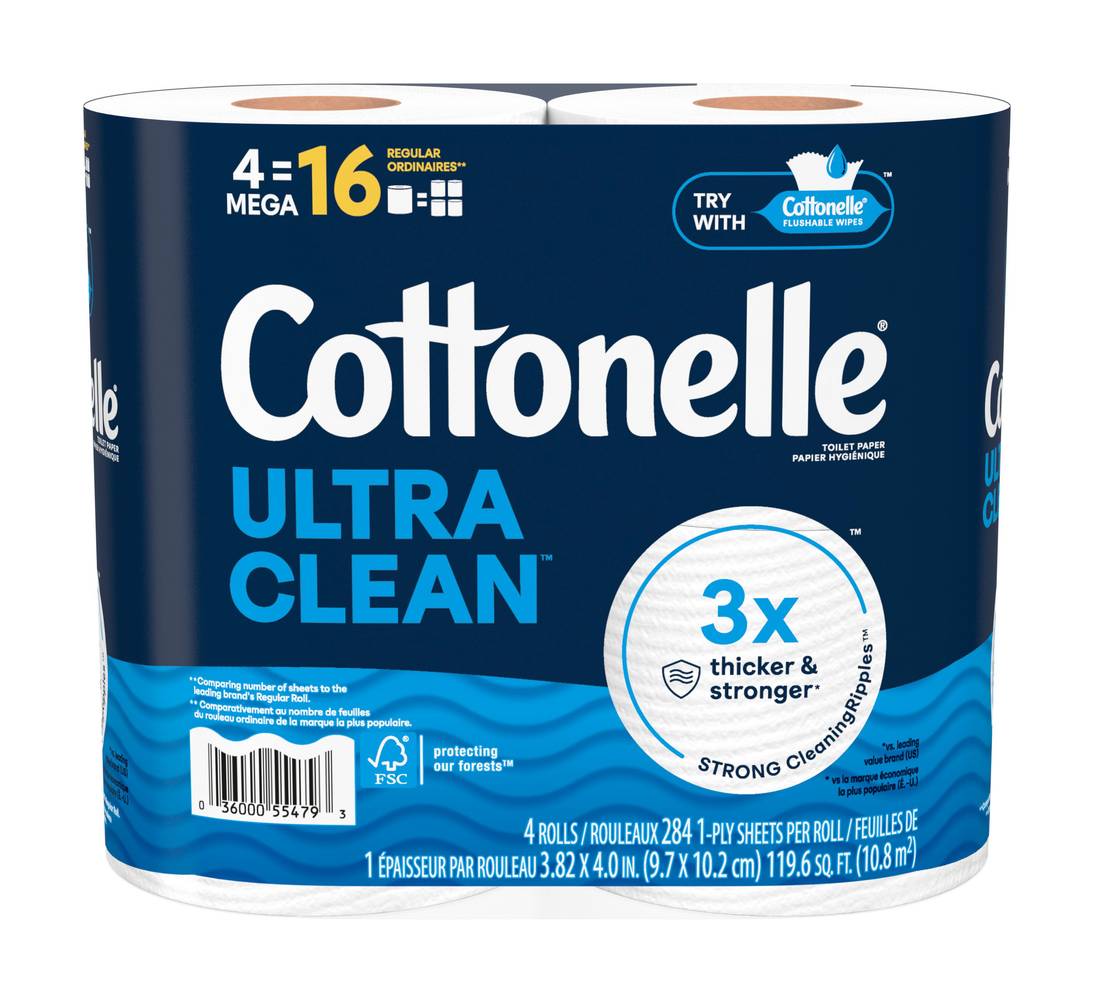 Cottonelle Ultra Clean Strong Flushable Mega Toilet Paper, 3.82x4 in (4 ct)