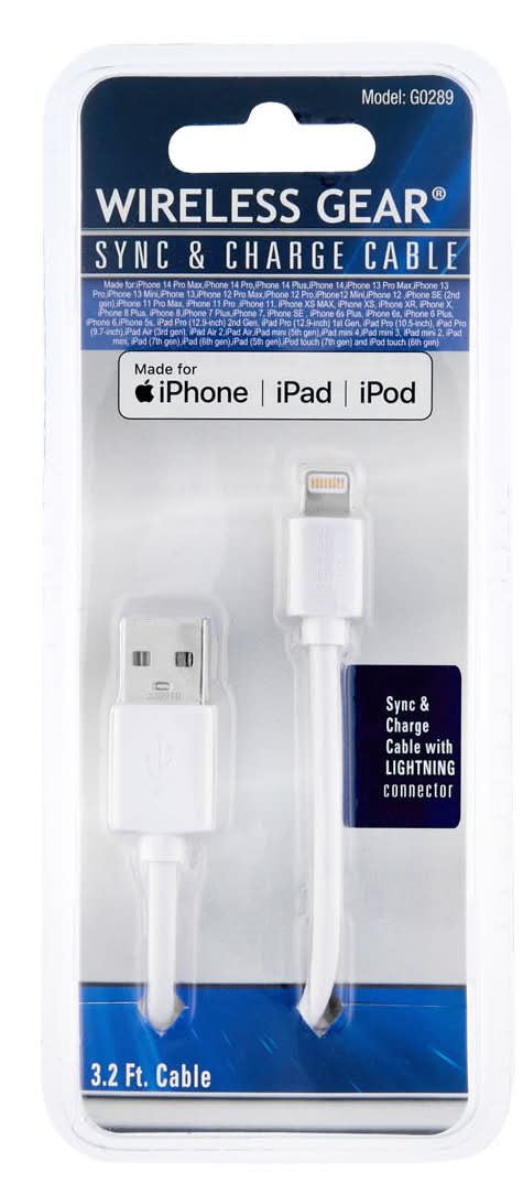 Wireless Gear Iphone Sync & Charge Lightning Cable, 3 ft, White