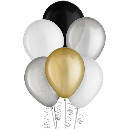 Uninflated 15ct, 11in, Luxe 4-Color Mix Latex Balloons - Black, Gold, Silver White