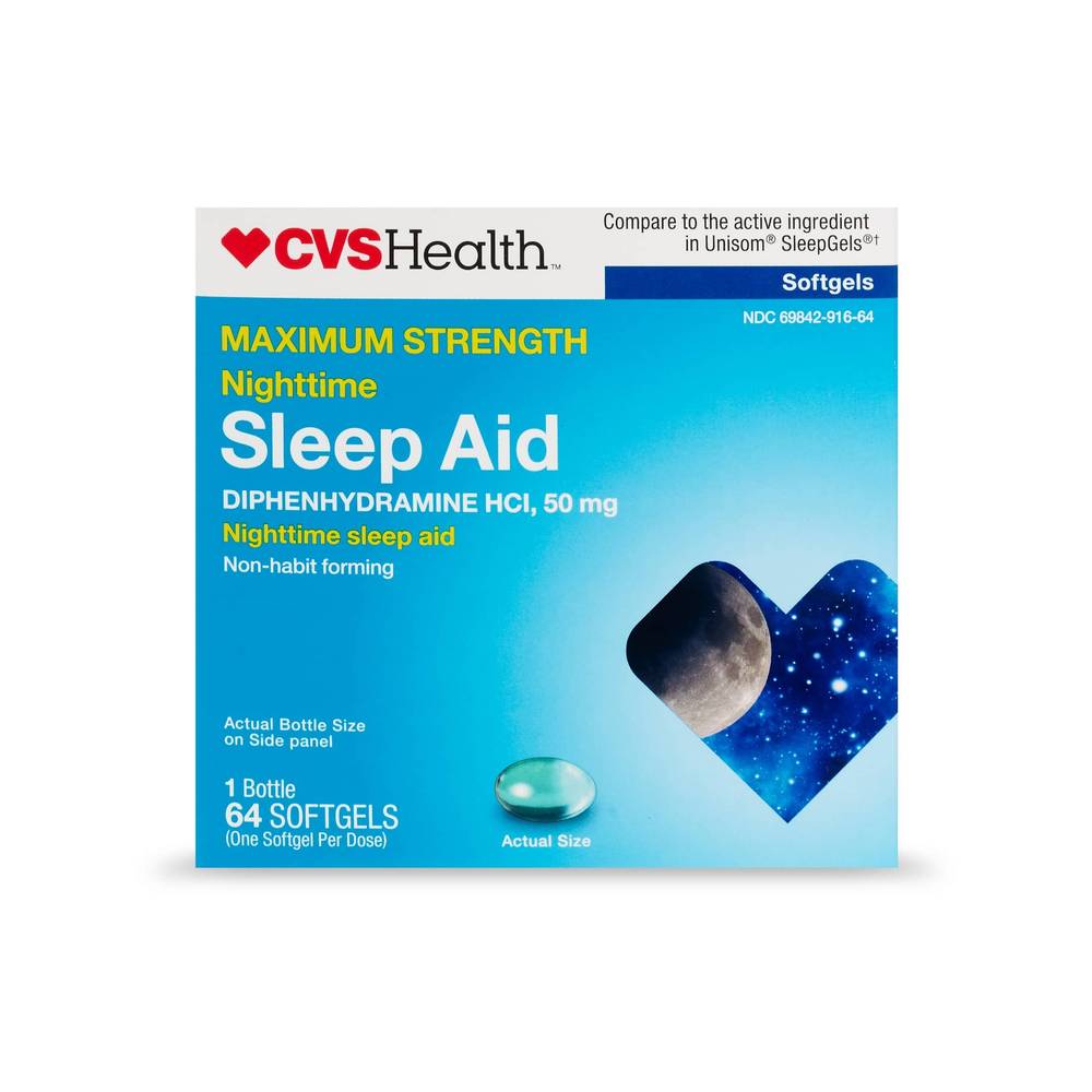 Cvs Health Maximum Strength Nighttime Sleep Aid Diphenhydramine Hci 50 Mg Softgels, 64 Ct