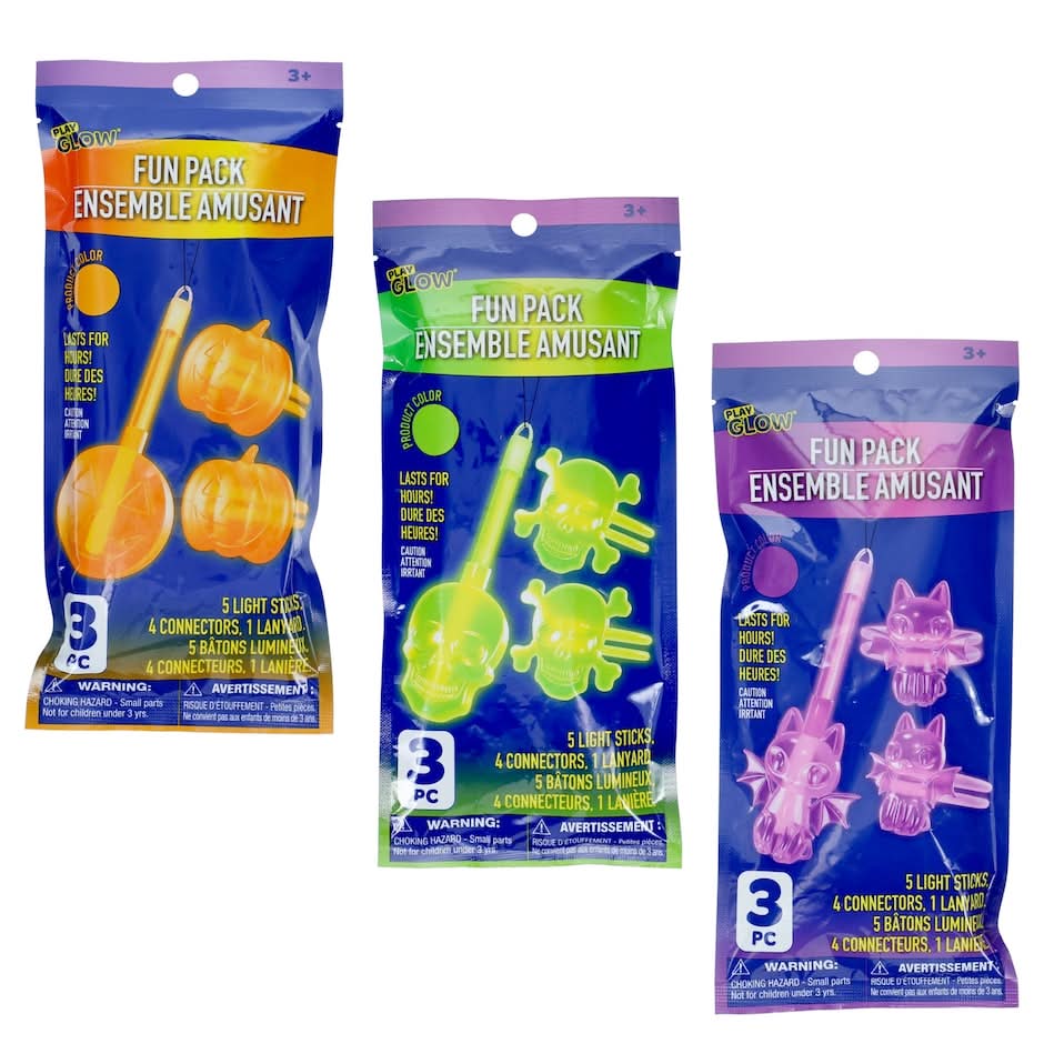 Play Glow Fun Pack Halloween-themed Glowsticks, Assorted Designs, 3-pc Packs.