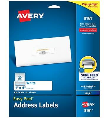 Avery Easy Peel Inkjet Address Labels, 1 x 4, White, 500 Labels/Pack (8161)