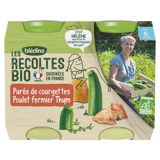 BLEDINA - Les Récoltes Bio - Pots Purée de courgettes Poulet Thym - Dès 6 mois - Biologique - 2x200g