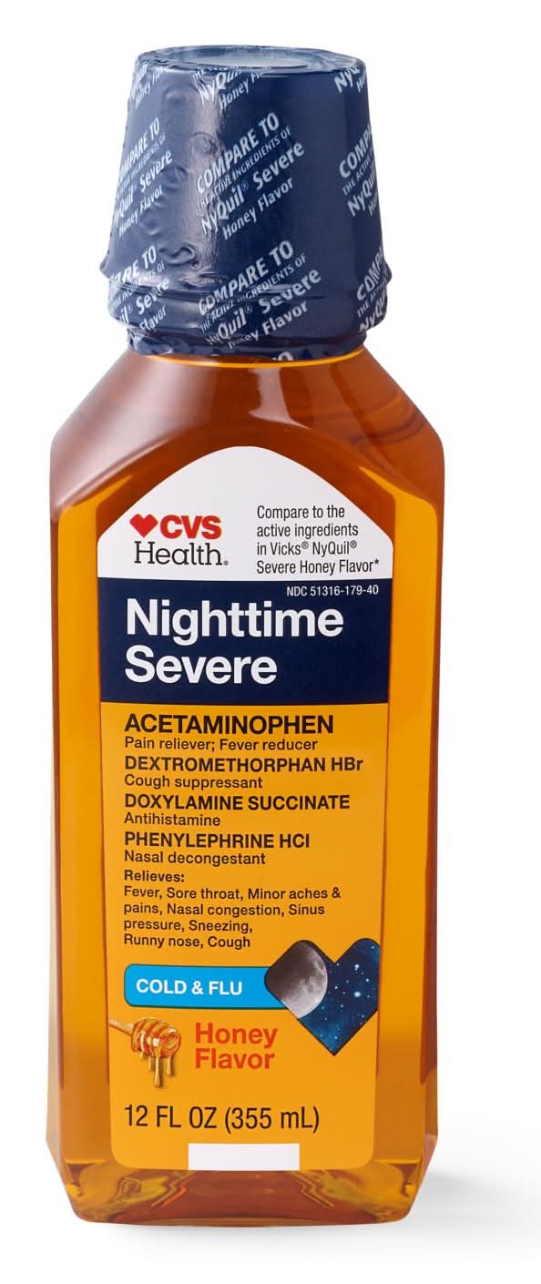 CVS Health Nighttime Severe Cold and Flu Liquid Relief, Honey (12 fl oz)