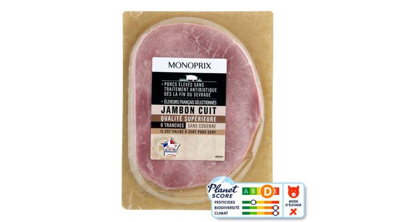 Monoprix Jambon cuit qualité supérieure sans couenne Les 6 tranches - 240 g