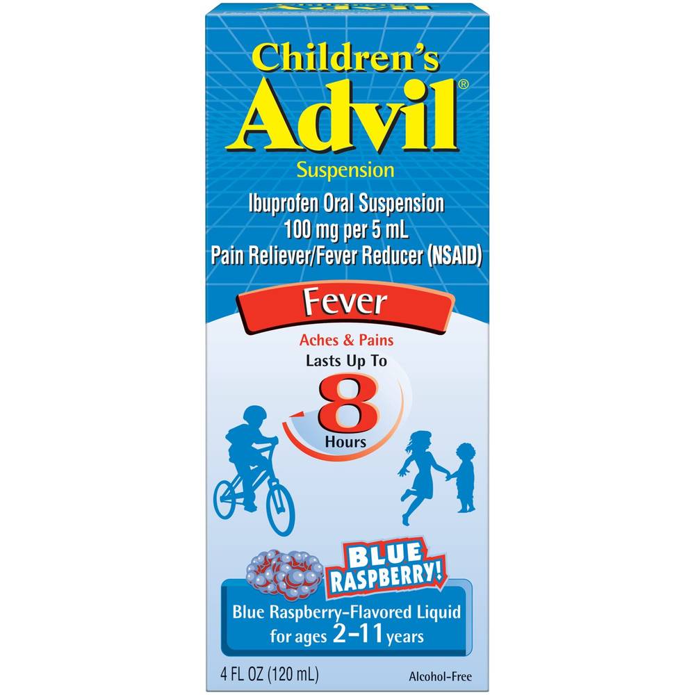 Children's AdvilSuspension (4 fl. oz, Blue Raspberry-Flavored), 100mg Ibuprofen Fever Reducer/Pain Reliever, Liquid Pain Medicine, Ages 2-11