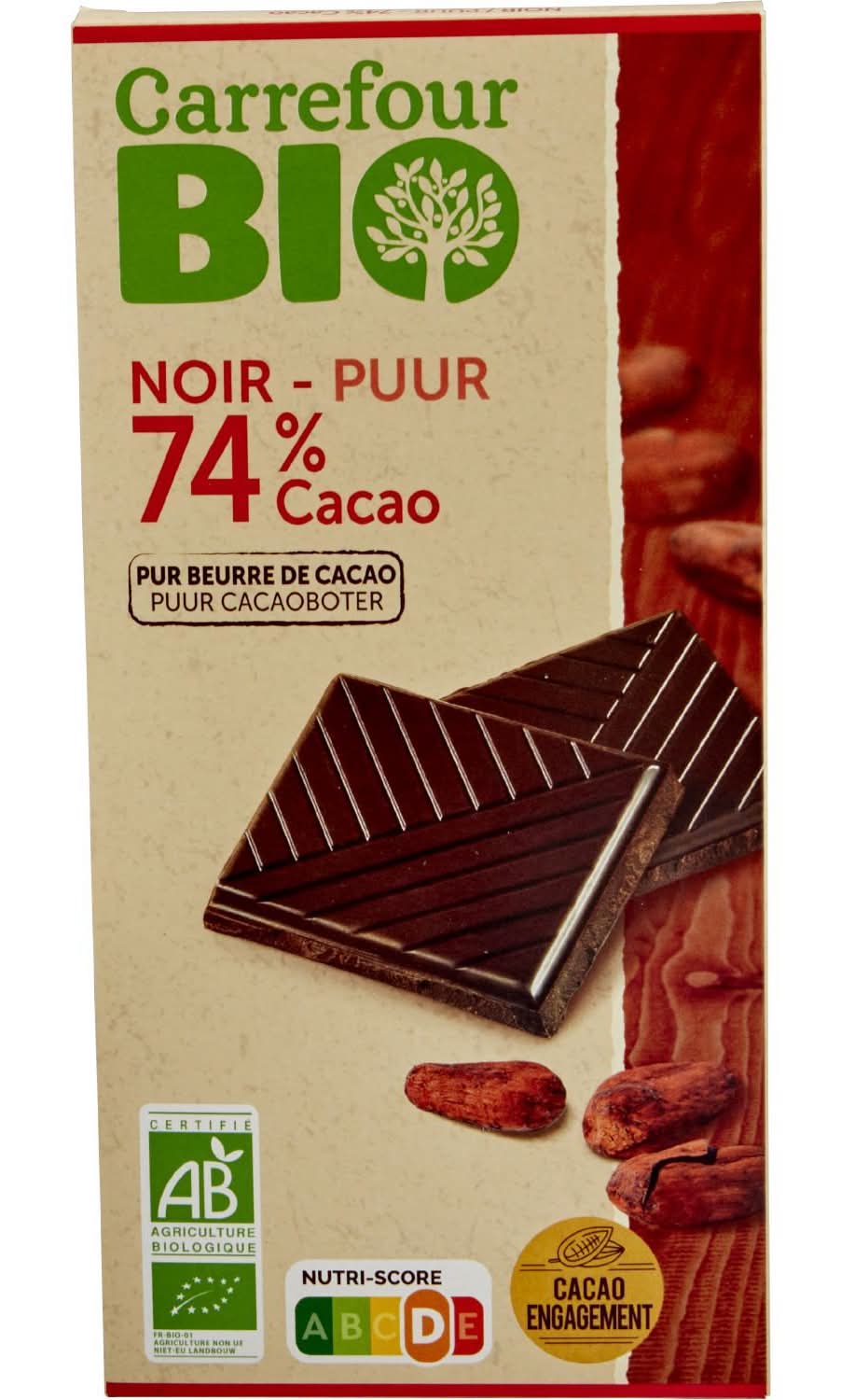 Carrefour Bio - Tablette de chocolat noir 74% cacao (100g)