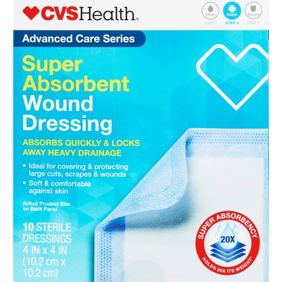 CVS Health Advanced Care Super Absorbant Wound Dressing, 4 in x 4 in, 10 ct 