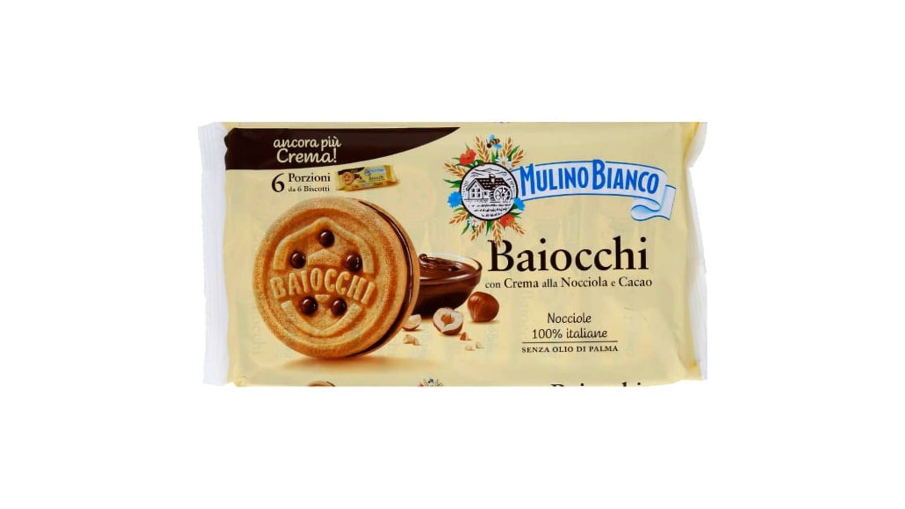 Mulino Bianco Baiocchi, biscuits fourrés à la crème aux noisettes et cacao Les 6 sachets de 6, 336g