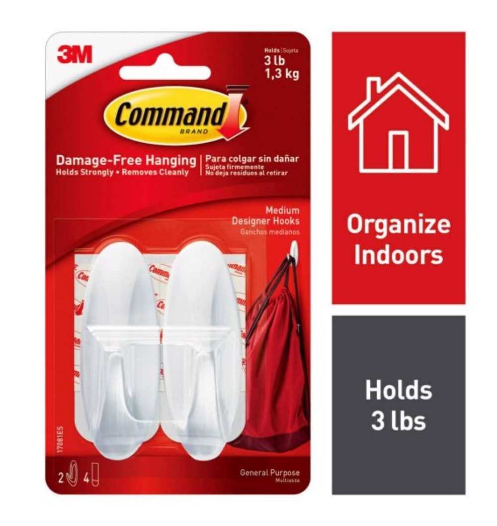3M Command Medium Plastic Designer Hooks 3.125 In. L 2 Pk