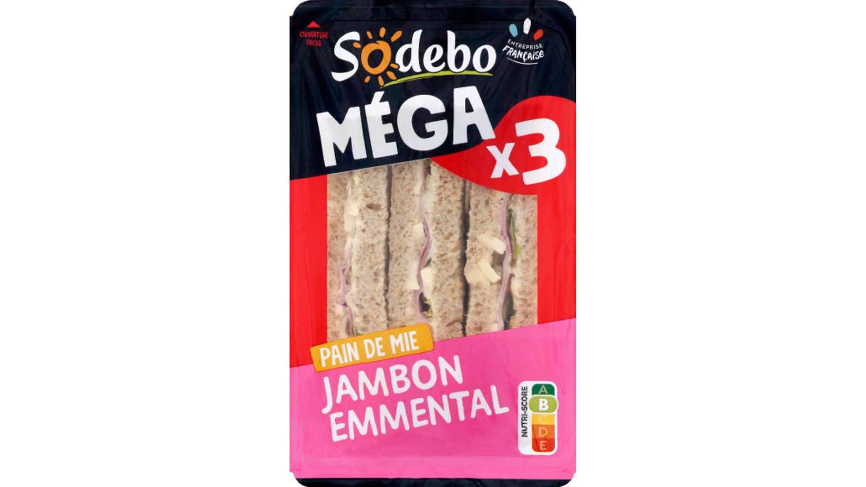 Sodebo Le mega club complet au pain de mie complet garni de jambon cuit et d'emmental Le paquet de 3, 230g