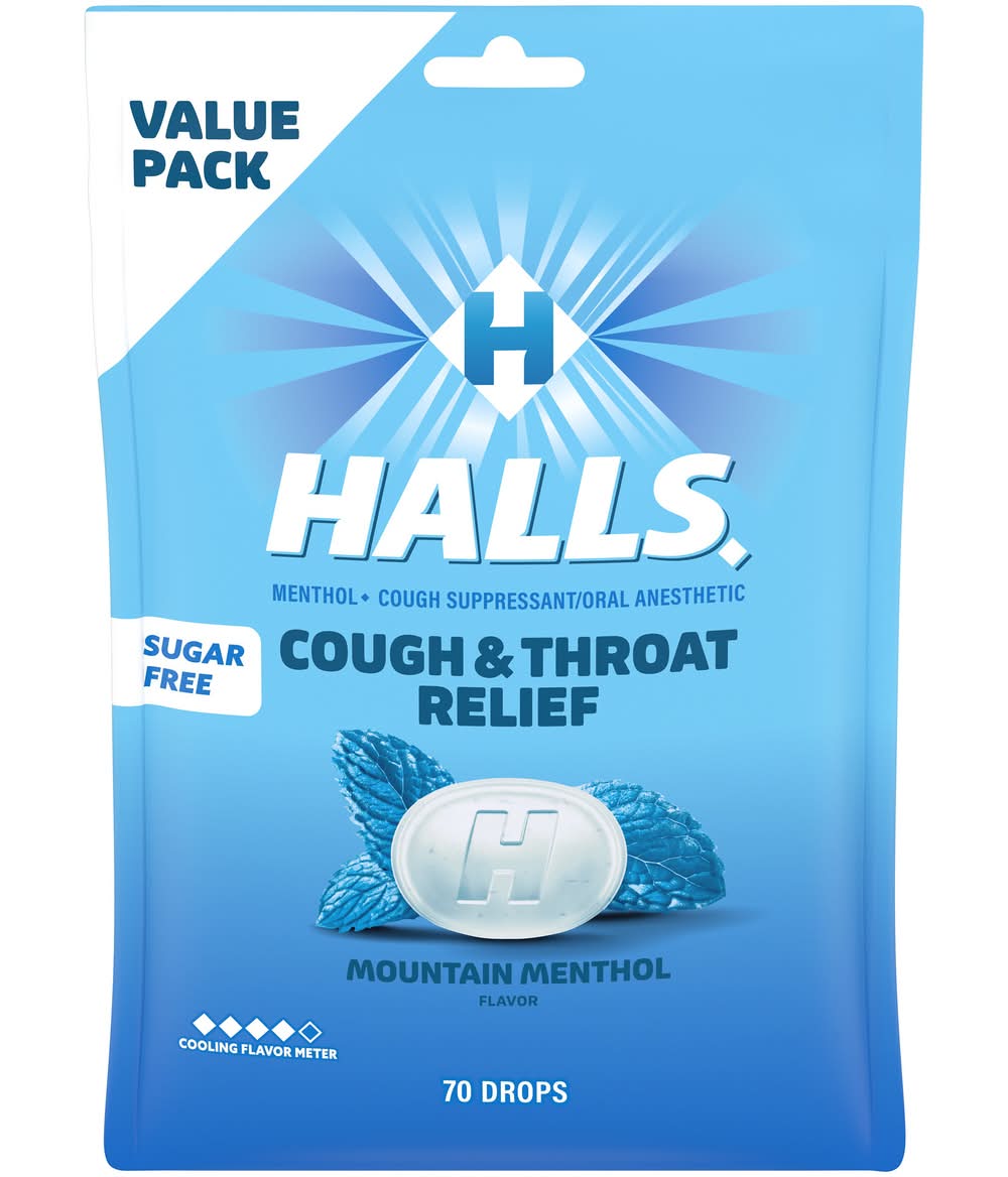 Halls Sugar Free Cough & Throat Relief Drops, Mountain Menthol (70 ct)