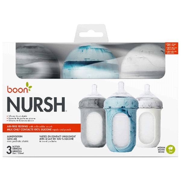 Boon Nursh Reusable Silicone Baby Bottles With Collapsible Silicone Pouch Design 3 Count 8 oz