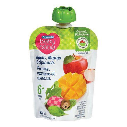 Personnelle purée pour bébé bio pomme, mangue et épinards (128ml) - baby food purée apple mango & spinach (128 ml)