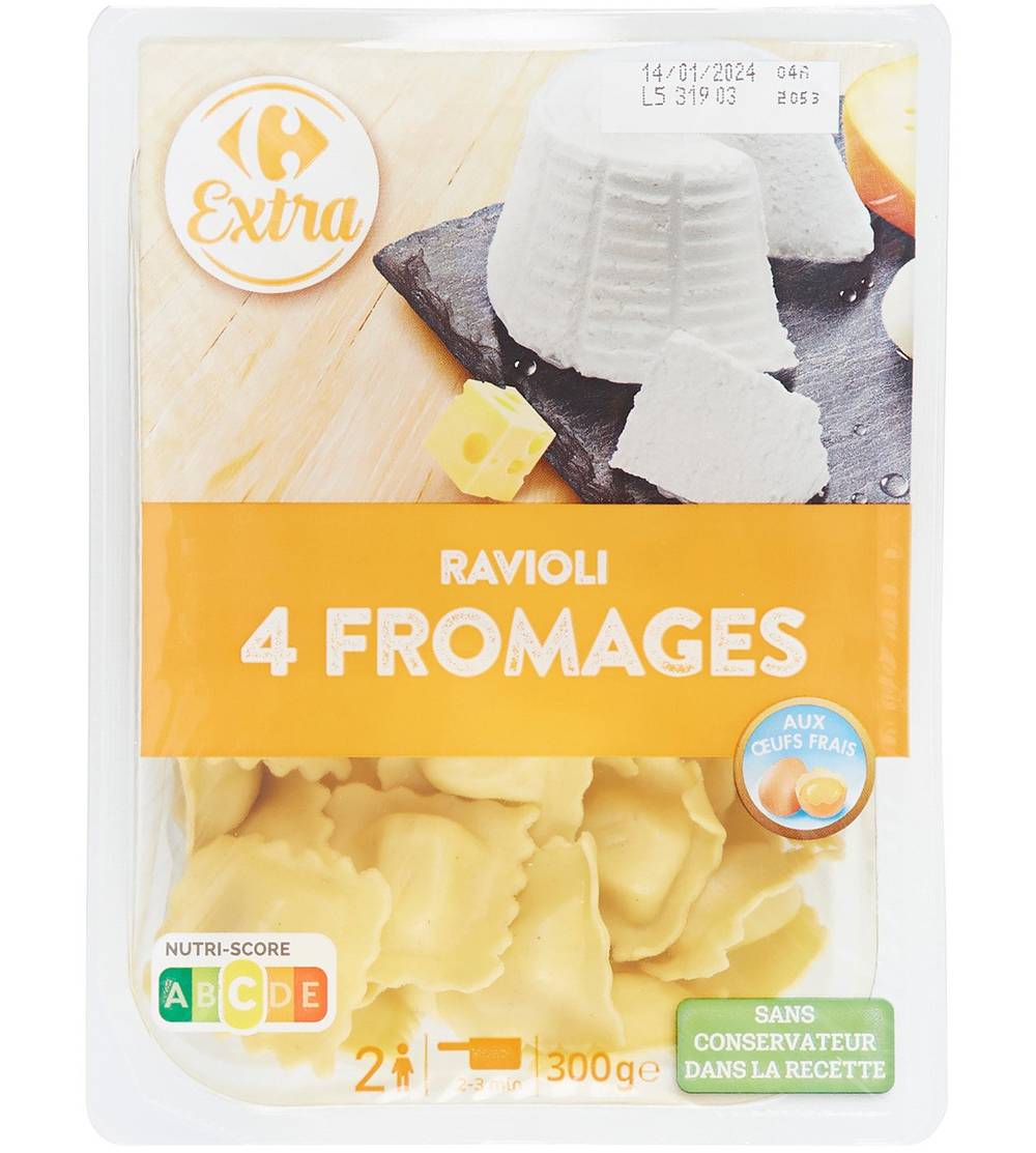 Carrefour - Pâtes fraîches ravioli, 4 fromages (300g)