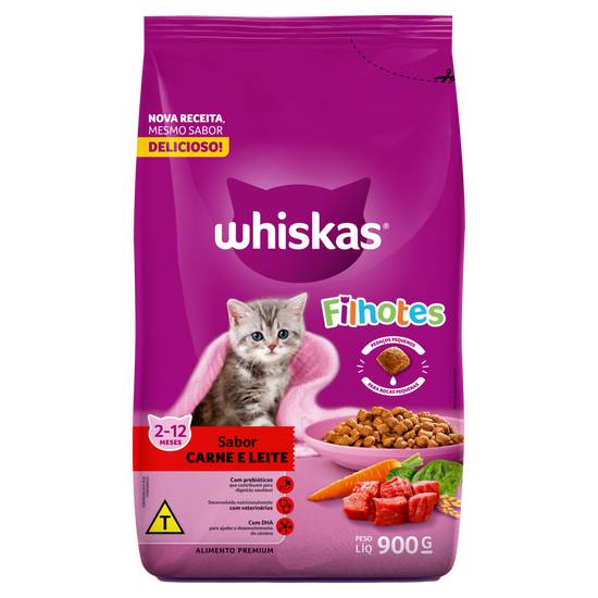 Whiskas ração premium sabor carne e leite para gatos filhotes