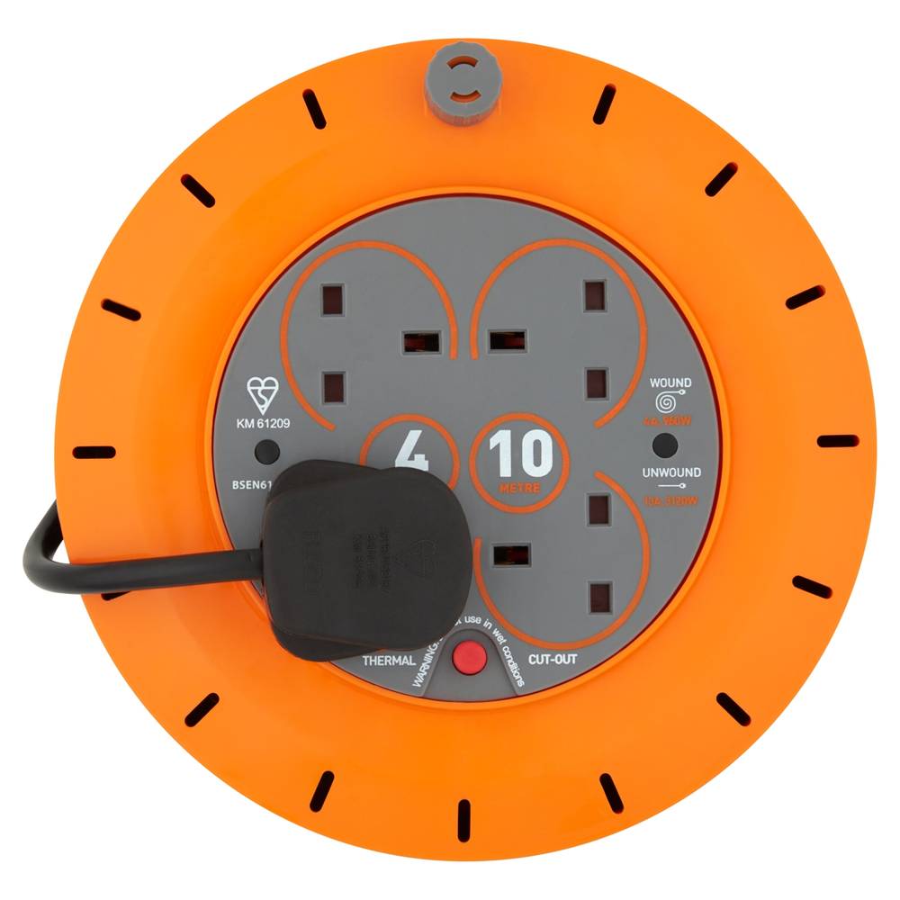 Morrisons 10m, Orange-Black, 4 Way 13a Cassette Cable Reel