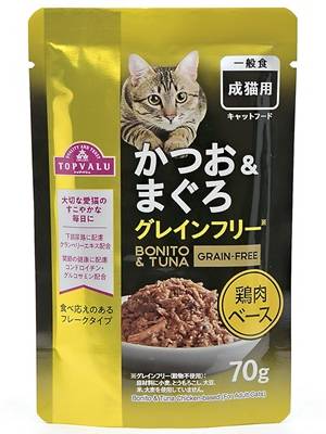 トップバリュ　キャットフード　パウチ　かつお＆まぐろ　グレインフリー　鶏肉ベース　成猫用　７０ｇ