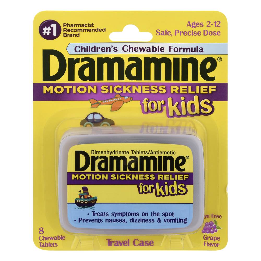Dramamine Grape Flavor Motion Sickness Relief Chewable Tablets For Kids (8 ct)