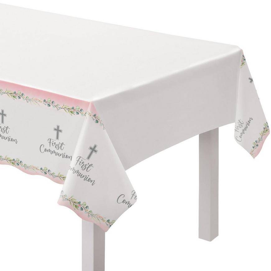 Pink My First Communion Plastic Table Cover, 54in x 102in