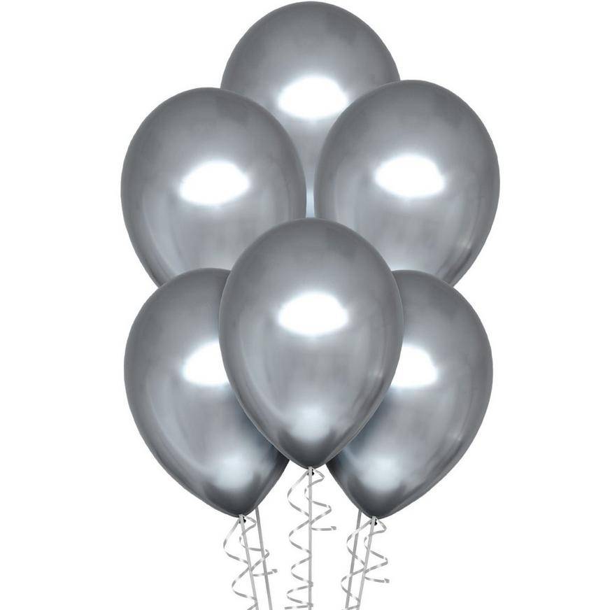 Uninflated 6ct, 11in, Platinum Silver Metallic Chrome Satin Luxe Latex Balloons