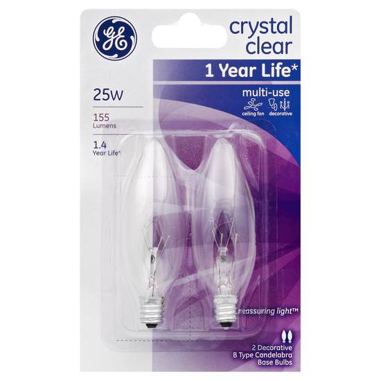 Ge Crystal Clear B Type Candelabra Base Bulbs (2 bulbs)