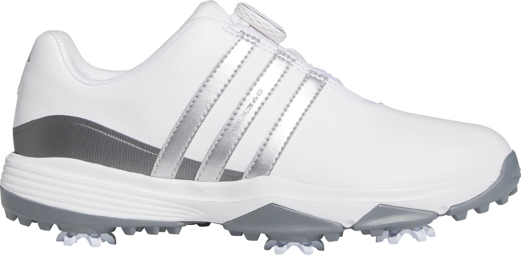 Adidas Youth Tour360 24 BOA Golf Shoes (White/Silver/Grey, 2.0)