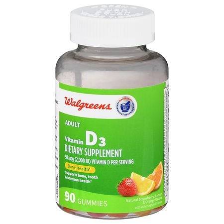 Walgreens Adult Vitamin D3 50 mcg (2,000 IU) Gummies Natural Strawberry, Lemon & Orange - 90.0 ea