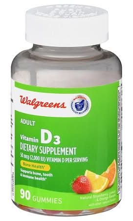 Walgreens Adult Vitamin D3 50 Mcg Natural Gummies, Strawberry-Lemon-Orange (90 ct)