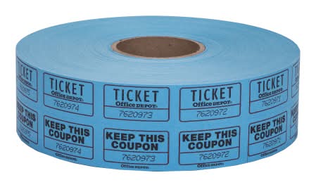 Office Depot® Brand Ticket Roll, Double Coupon, Roll Of 2,000 Tickets, Assorted (No Color Choice)
