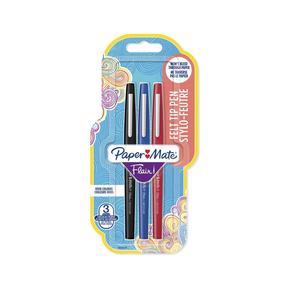 Paper Mate - Flair stylo feutres nylon pointe moyenne (3 unités) (noir - rouge - bleu)