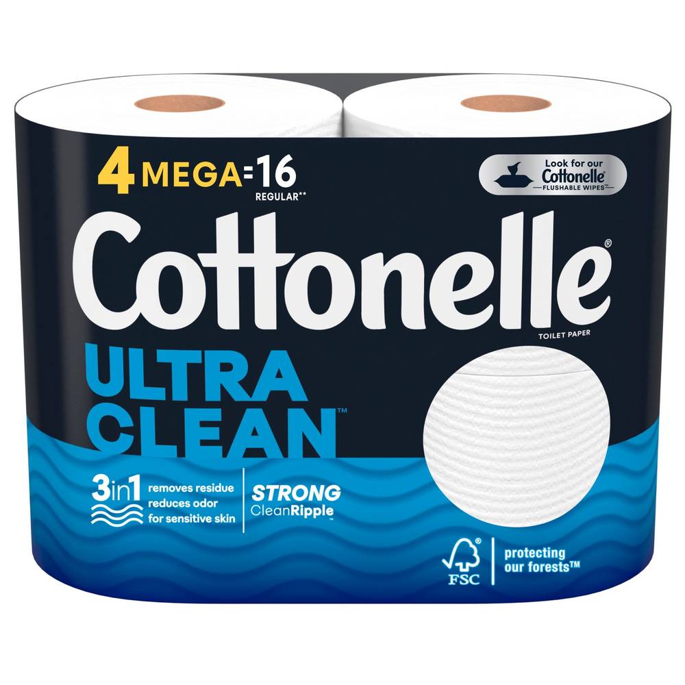 Cottonelle Ultra Clean Toilet Paper, Strong Toilet Tissue, 4 Mega Rolls (4 Mega Rolls = 16 Regular Rolls), 312 Sheets per Roll