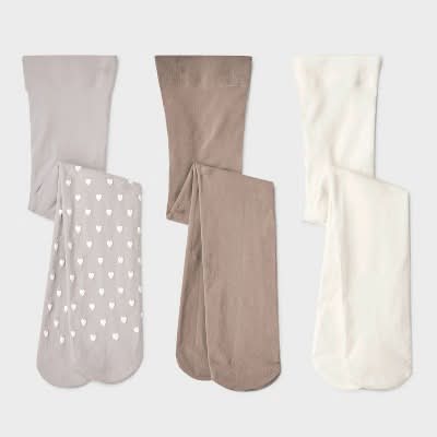 Cat & Jack Baby Girls' Hearts & Solid Printed Tights, 6-12M, Taupe/Gray/Ivory (3 ct)